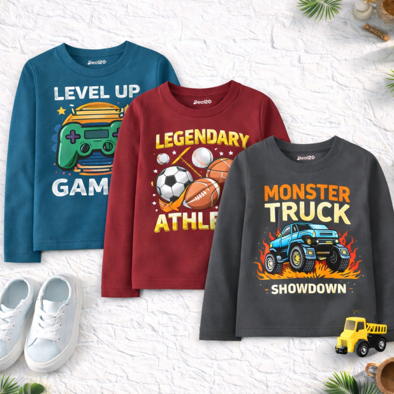 Pack of 3 Legendary Monster Game Printed Long Sleeve T-shirts For Tween Kids