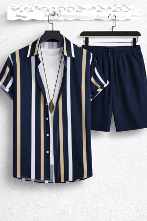 Men Stripe Set Navy Blue Summer Short Suit
