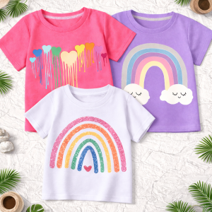 Pack of 3 Glitter Rainbow Tee Printed T-shirts for Girls