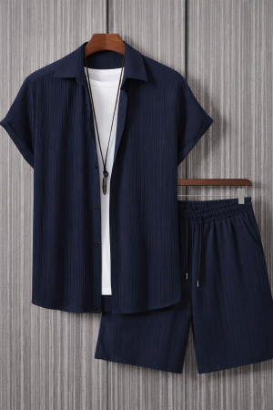 Men Solid Navy Blue Textured Short-sleeve Shirt and Shorts Set