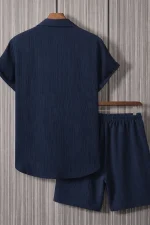 Men Solid Navy Blue Textured Short-sleeve Shirt and Shorts Set