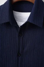 Men Solid Navy Blue Textured Short-sleeve Shirt and Shorts Set