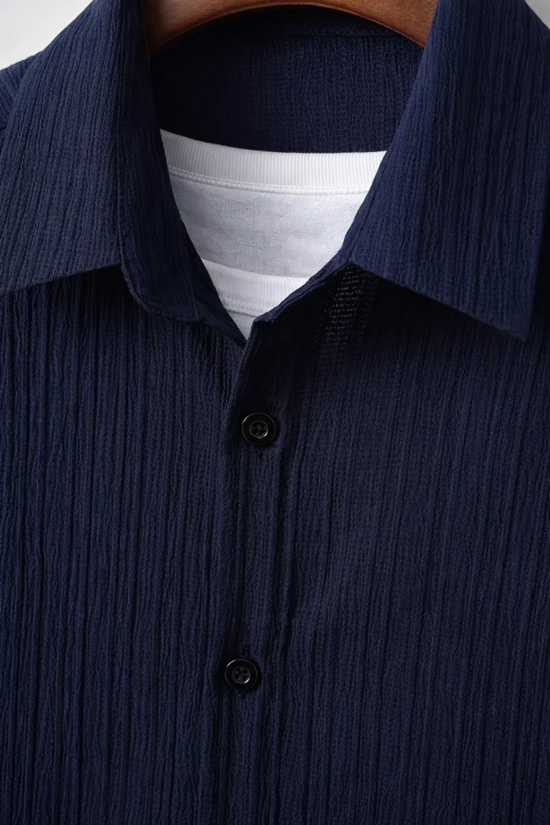 Men Solid Navy Blue Textured Short-sleeve Shirt and Shorts Set