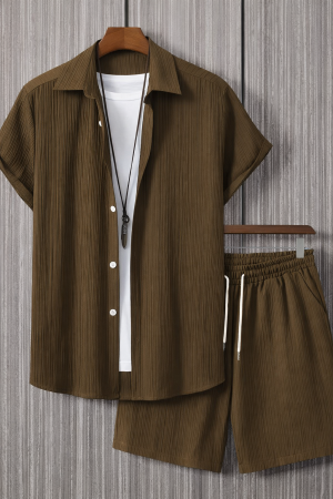 Men Coffee Color Textured Short-sleeve Shirt and Shorts Set