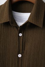 Men Coffee Color Textured Short-sleeve Shirt and Shorts Set