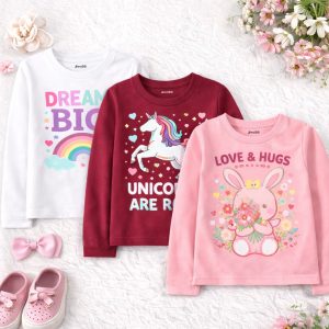 Pack of 3 Unicorn Bunny and Rainbow Printed Long Sleeve T-shirts for Girls