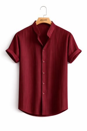 Maroon Casual Solid Color Short Sleeve Jacquard Shirt