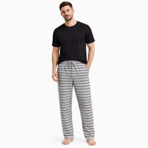 Mens Comfort Combo – Grey Striped Jersey Lounge Pants with Black T-Shirt