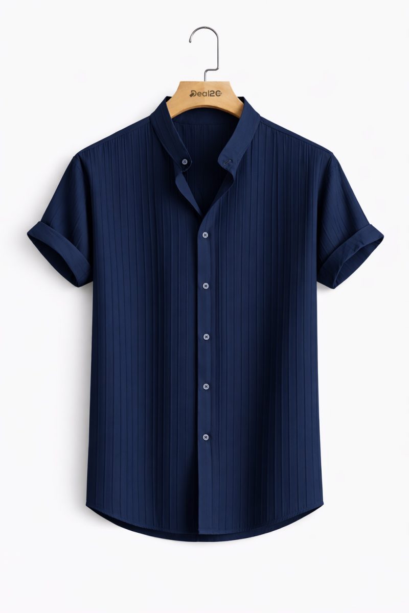 Navy Blue Casual Solid Color Short Sleeve Jacquard Shirts Navy Blue Casual Solid Color Short Sleeve Jacquard Shirts