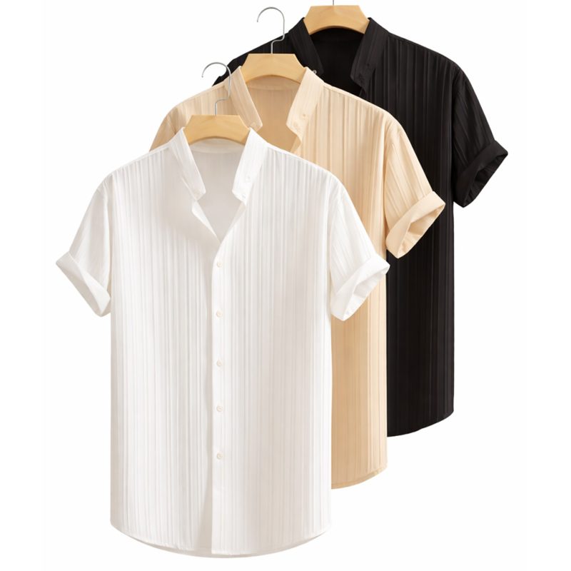 Pack of 3 Casual Solid Color Short Sleeve Jacquard Shirts