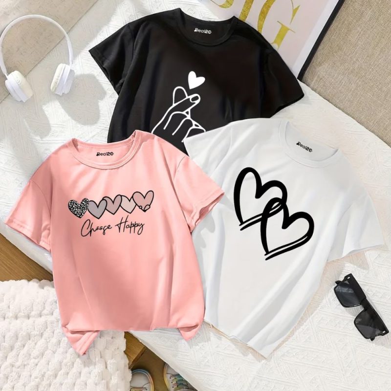 Pack of 3 Happy Heart Printed T-shirts for Girls