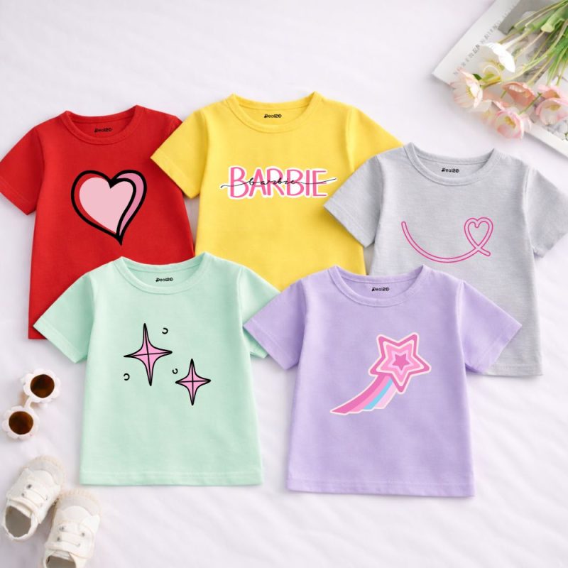 Pack of 5 Barbie Heart Star Printed T-shirts for Girls