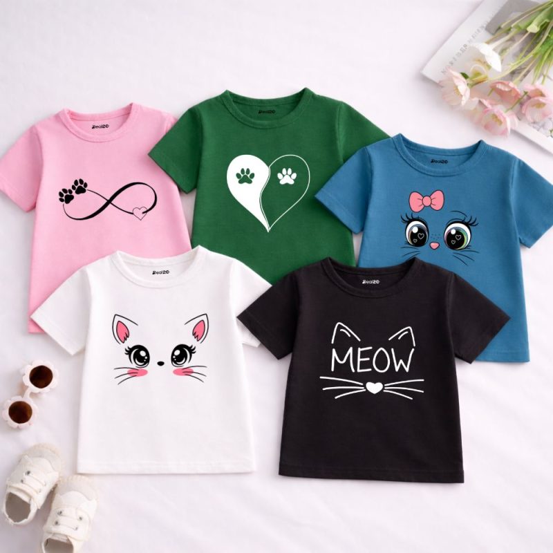 Pack of 5 Meow Footprint Printed T-shirts for Girls