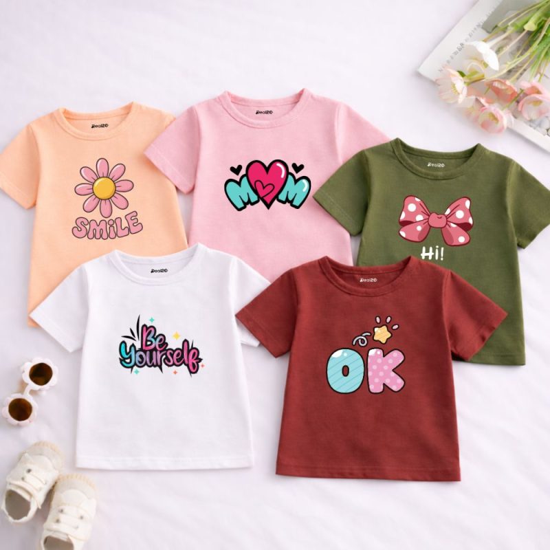 Pack of 5 Smile Mom Be Yourself Printed T-shirts for Girls