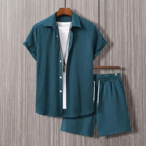 Solid Color Textured Short-sleeve Shirt and Shorts Set