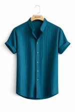 Teal Blue Casual Solid Color Short Sleeve Jacquard Shirts