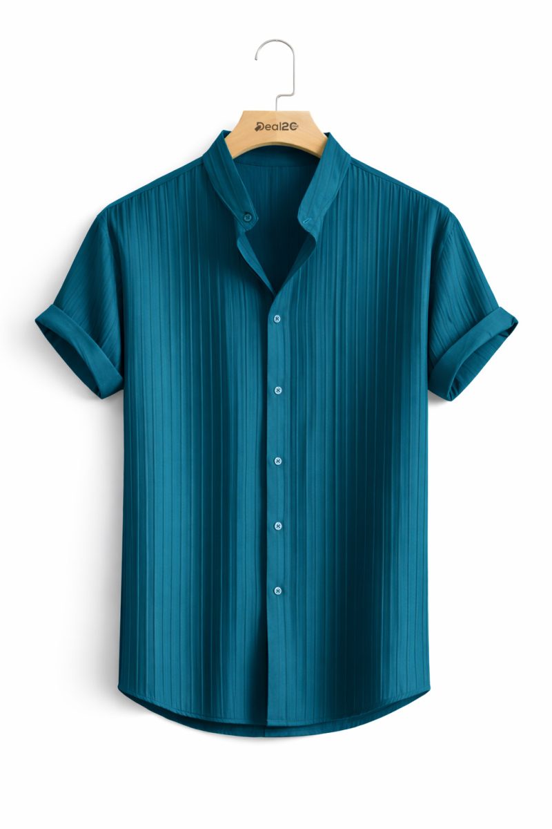 Teal Blue Casual Solid Color Short Sleeve Jacquard Shirts Teal Blue Casual Solid Color Short Sleeve Jacquard Shirts