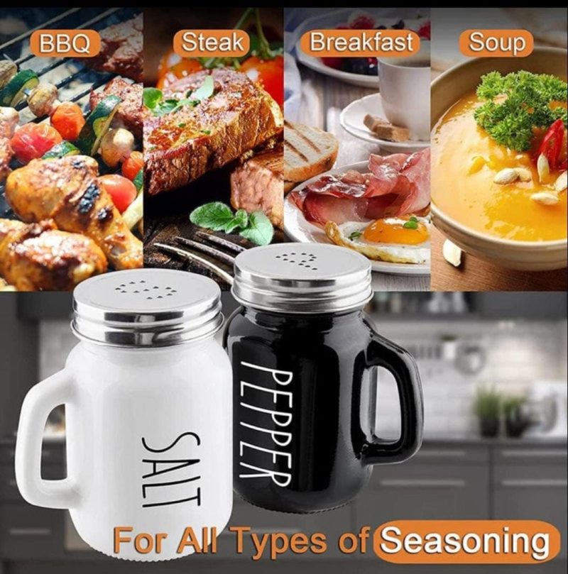 Salt & Pepper Shaker Set – Glass Black & White with Stainless Steel Lid