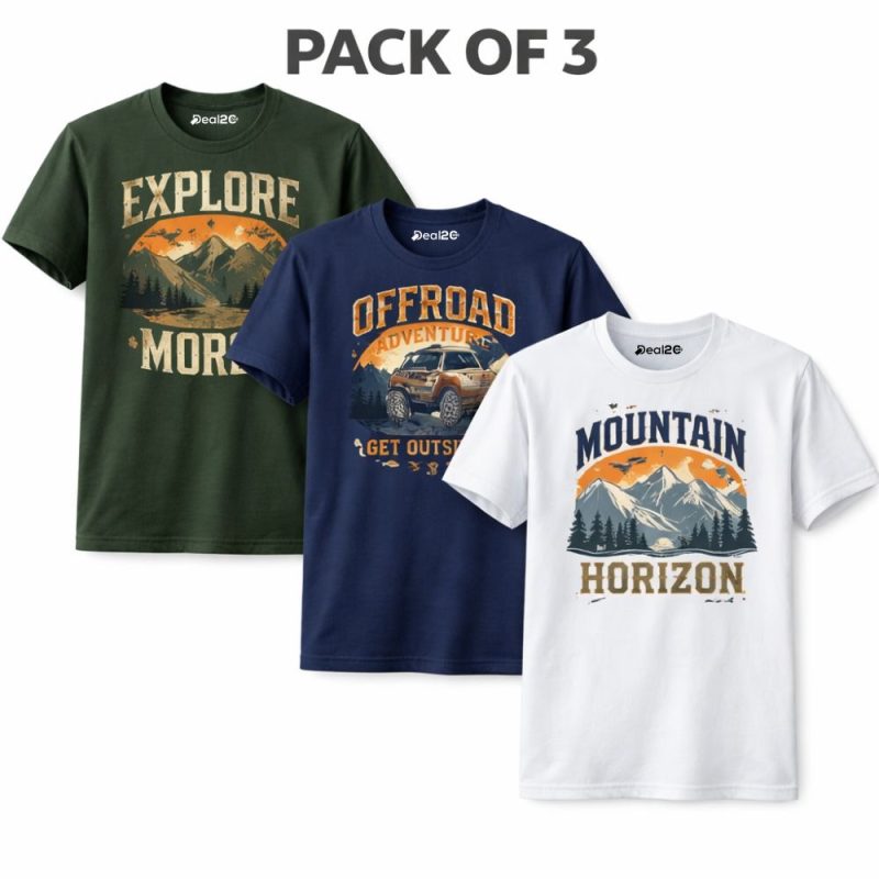 Pack Of 3 Explore Mountain Horizon Mens Printed T-Shirts Pack Of 3 Explore Mountain Horizon Mens Printed T-Shirts