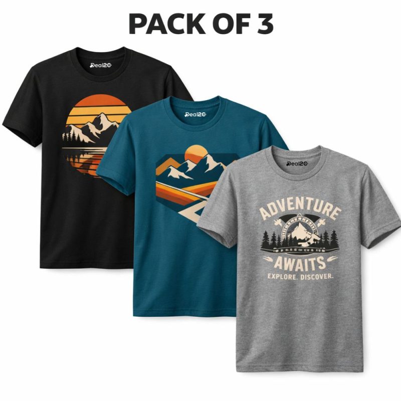 Pack Of 3 Adventure Awaits Mens Printed T-Shirts Pack Of 3 Adventure Awaits Mens Printed T-Shirts