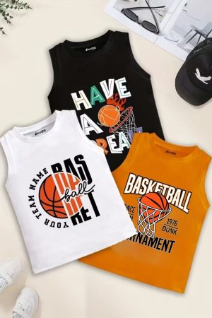 Pack of 3 Basket Ball Dunk Kids Printed Tank Tops