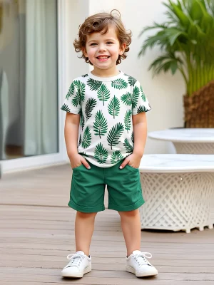 Kids Green Leaf Printed Short Suit For Boys