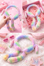 Plush Bunny Ear Headband – Rainbow Pastel Plush Bunny Ear Headband – Rainbow Pastel