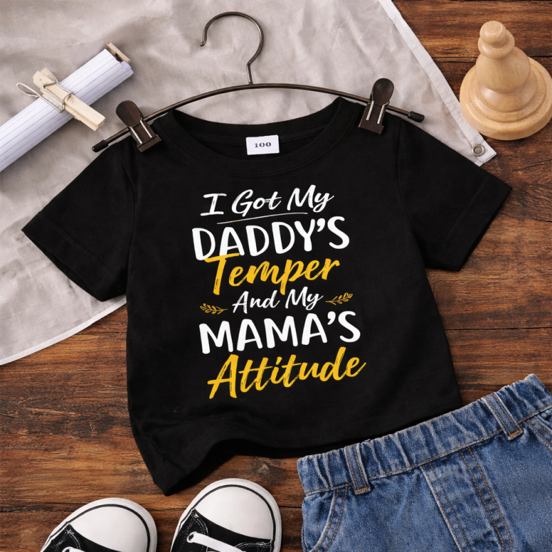 Daddy Temper Mama Attitude Tee Printed Black T-Shirt For Boys