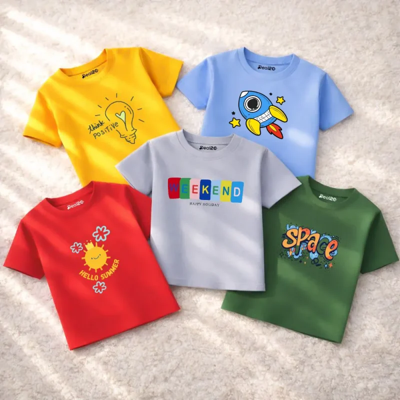 Pack of 5 Hello Weekend Space Printed T-Shirts For Boys