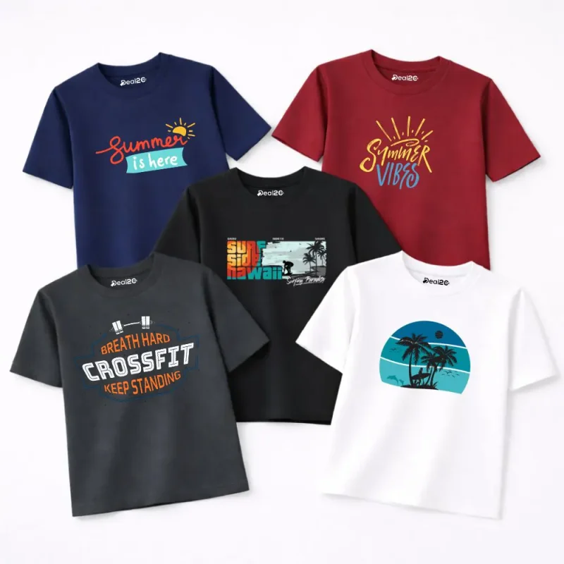 Pack of 5 Summer Surf Vibes Printed T Shirts For Tween Kid