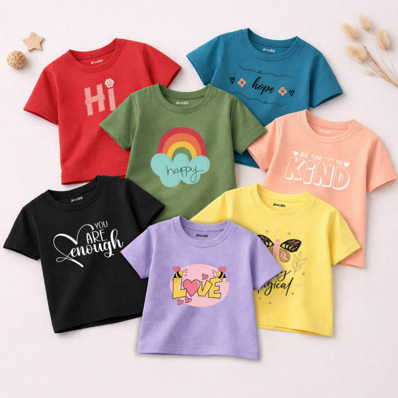 Pack of 7 Happy Kind Love Printed T-shirts for Girls