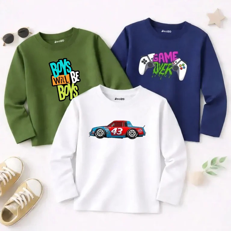 Pack of 3 Crash Lifter Printed Long Sleeve T-shirts for Young Kids Pack of 3 Crash Lifter Printed Long Sleeve T-shirts for Young Kids
