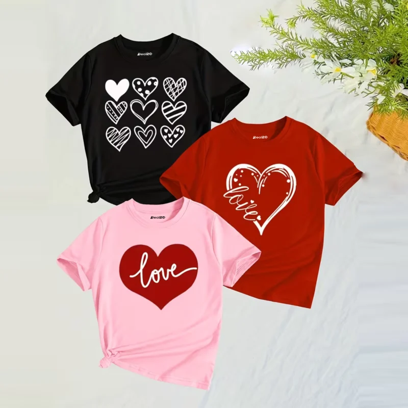 Pack of 3 Red Love Heart T Shirts For Girls
