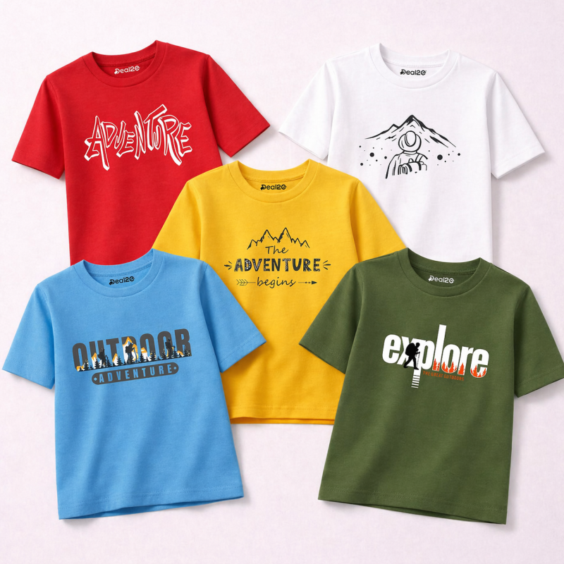 Pack of 5 Adventure Explore Outdoors Printed T Shirts For Tween Kids Pack of 5 Adventure Explore Outdoors Printed T Shirts For Tween Kids