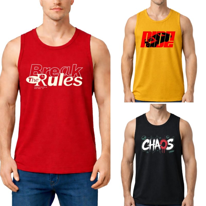 Pack of 3 Ride the Chaos Printed Tank Tops For Mens Pack of 3 Ride the Chaos Printed Tank Tops For Mens