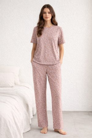 Classic Floral Print Jersey Nightwear Set for Womens