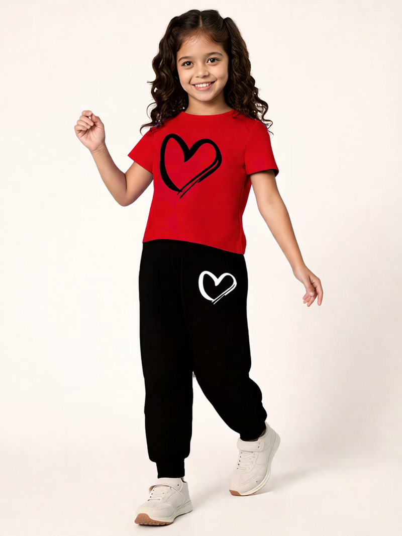 Heart Graphic Printed Red Summer Trouser Suit For Girls