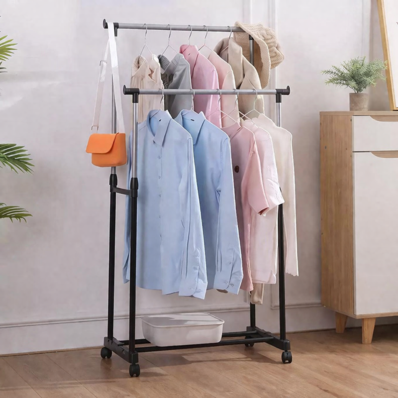 Double Pole Portable Clothes Rack with Wheels