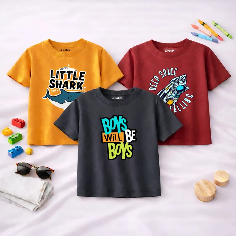 Pack of 3 Little Shark Space Printed T-Shirts For Boys Pack of 3 Little Shark Space Printed T-Shirts For Boys