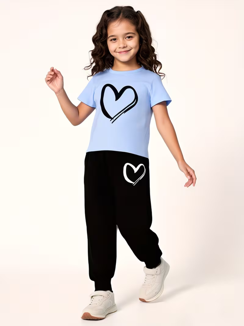 Heart Graphic Printed Sky Blue Summer Trouser Suit For Girls