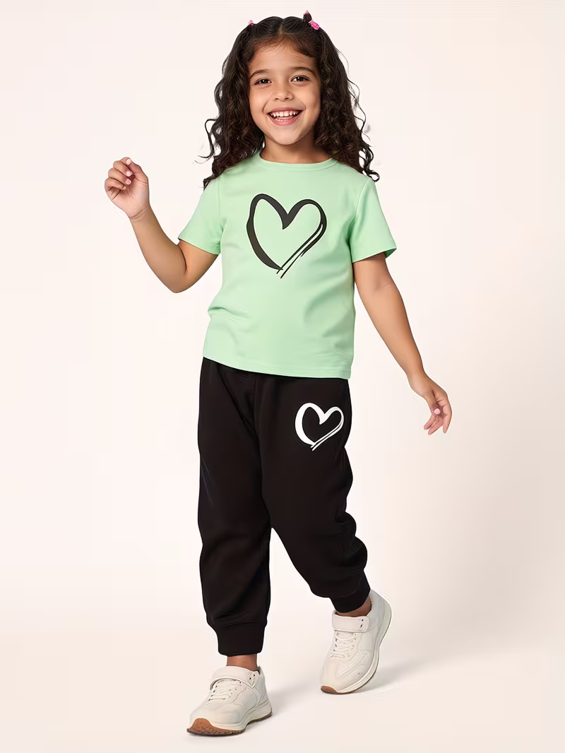 Heart Graphic Printed Summer Trouser Suit For Girls
