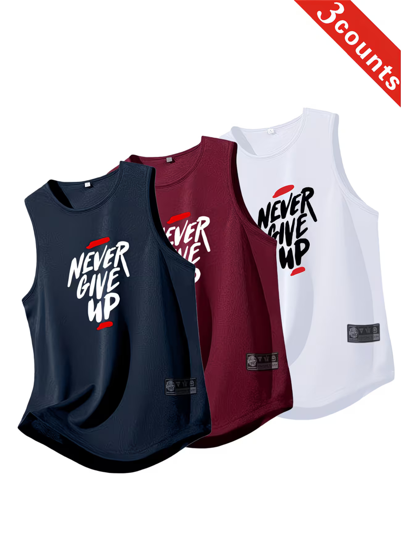 Pack of 3 Never Give Up Printed Tank Tops Set For Mens Pack of 3 Never Give Up Printed Tank Tops Set For Mens