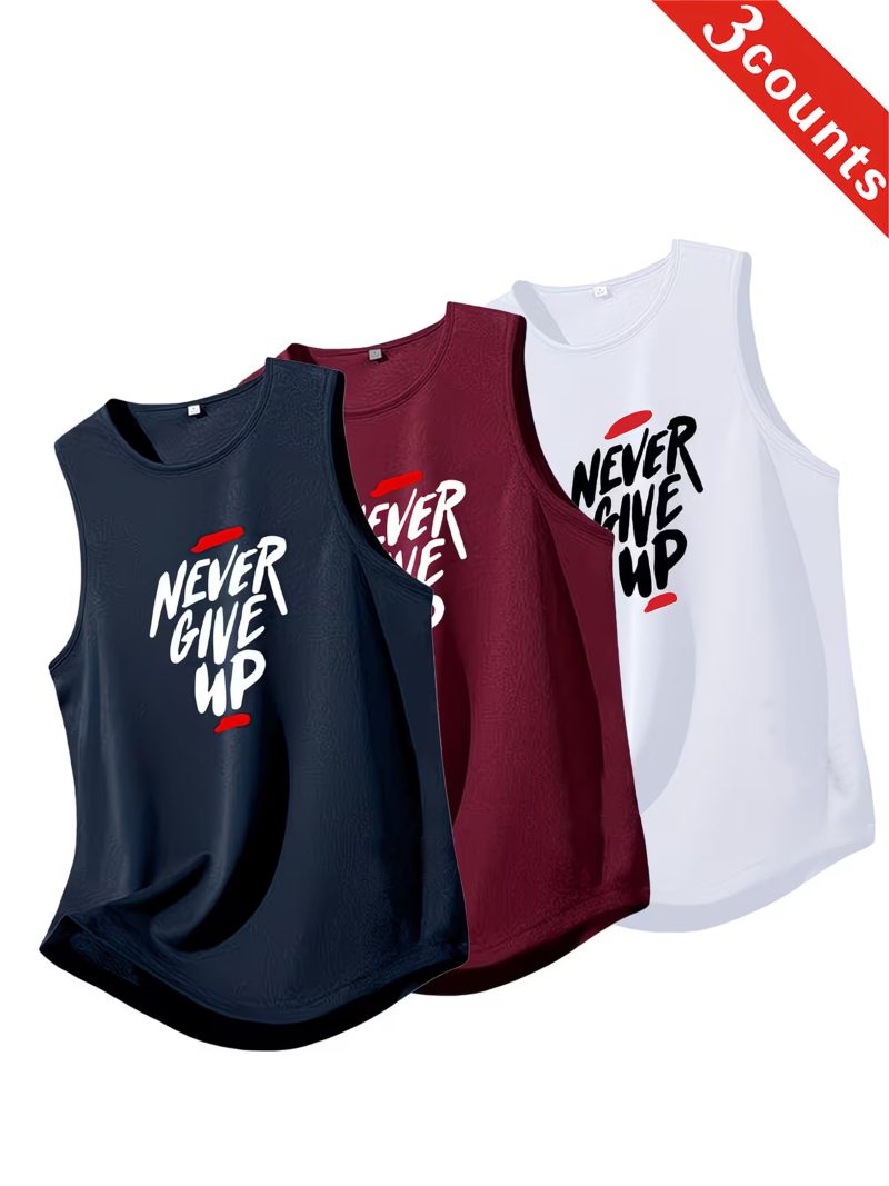 Pack of 3 Never Give Up Printed Tank Tops Set For Mens Pack of 3 Never Give Up Printed Tank Tops Set For Mens