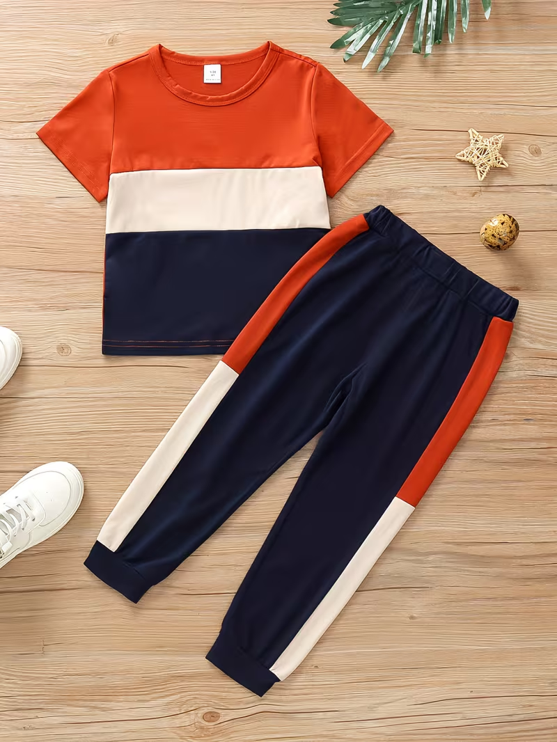 Fashion Panel Sporty Summer Trouser Suit For Kids