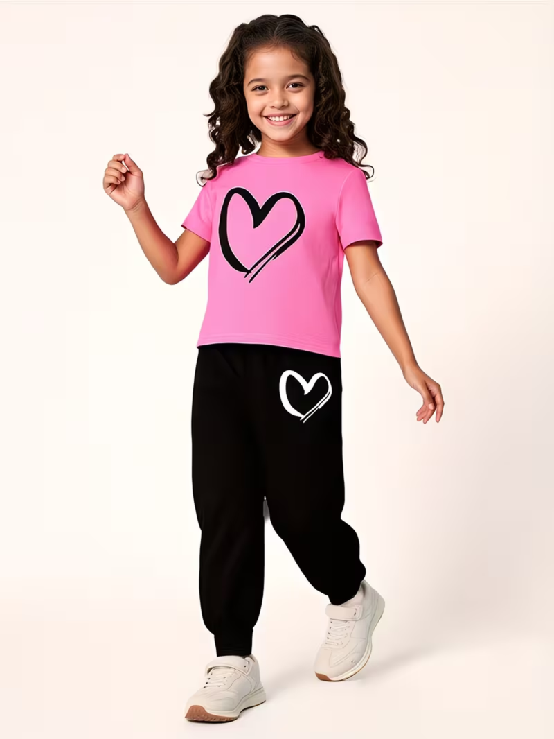 Heart Graphic Printed Pink Summer Trouser Suit For Girls