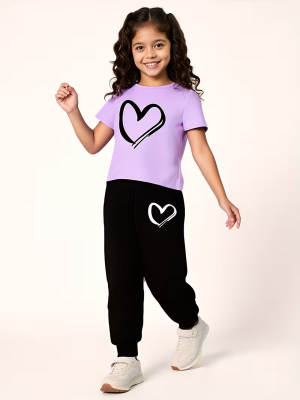 Heart Graphic Printed Purple Summer Trouser Suit For Girls