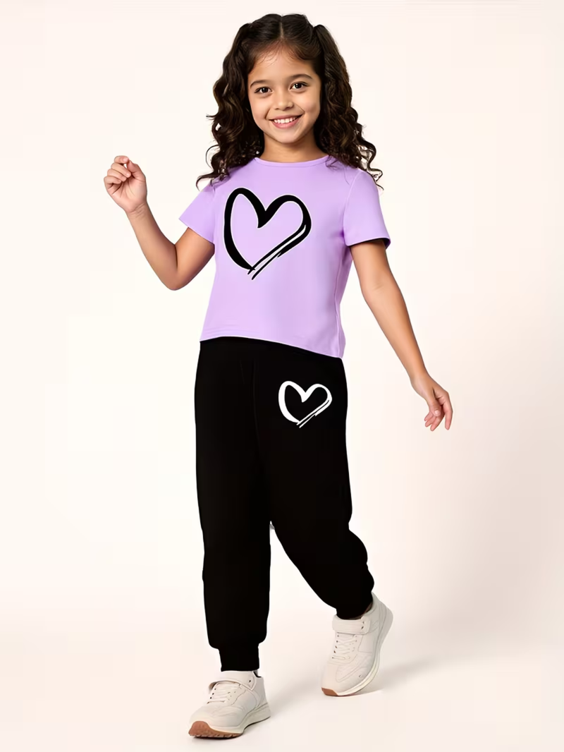 Heart Graphic Printed Purple Summer Trouser Suit For Girls