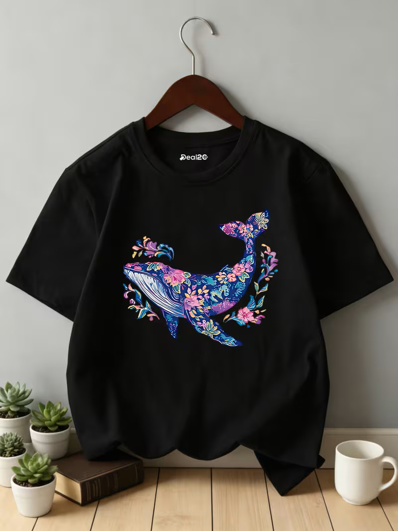 Floral Wave Whale Black Tee Printed T-shirt for Girls Floral Wave Whale Black Tee Printed T-shirt for Girls