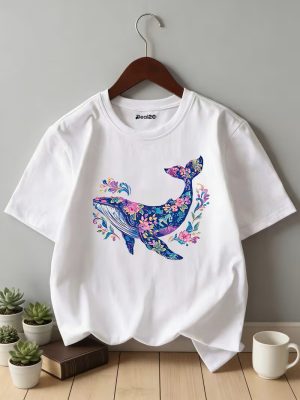 Floral Wave Whale Tee Printed T-shirt for Girls