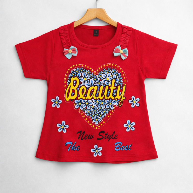 Beauty Heart Printed Red T-Shirt for Girls